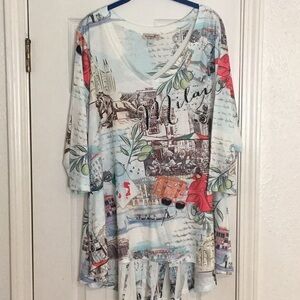 NWOT ONE WORLD White Tunic MILAN with Pastel Blue & Green Accents
